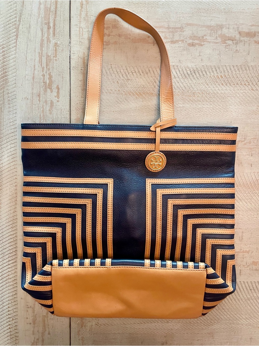 Tory Burch Navy and Tan Geometric Stripe Leather Tote